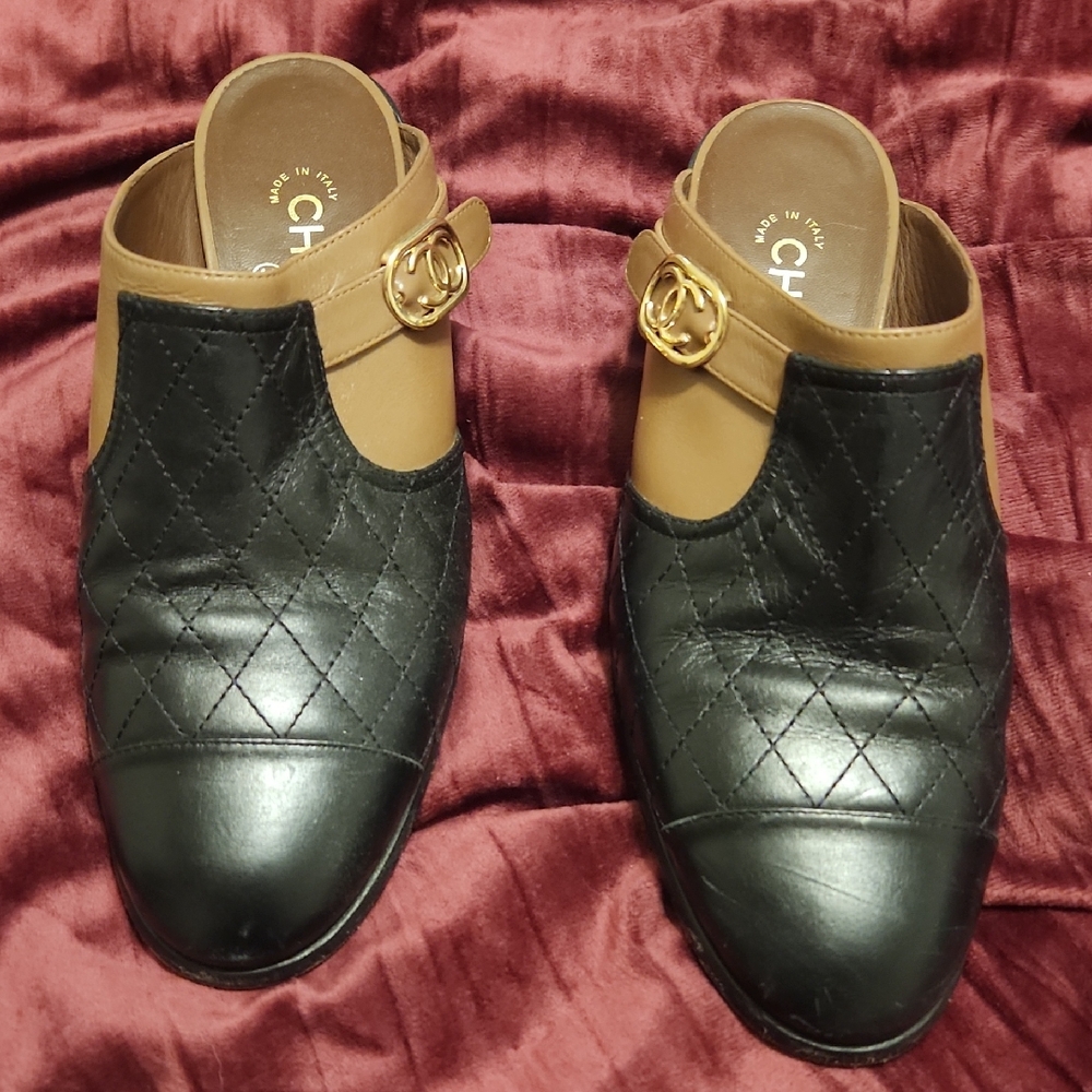 Chanel Black and Tan Quilted Mules